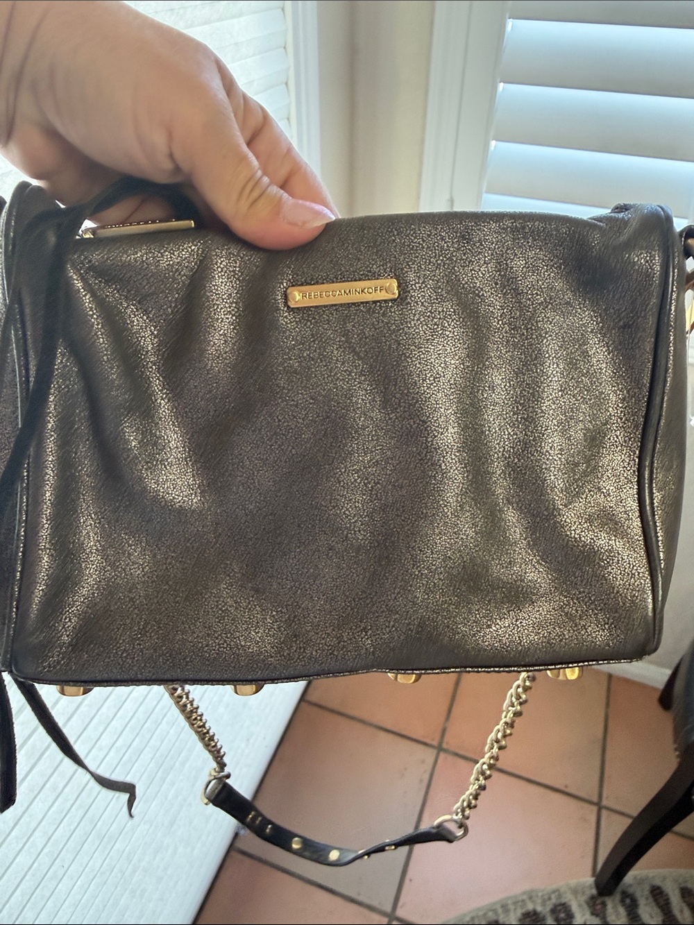 Rebecca Minkoff Metallic Charcoal Leather Crossbody with Gold Hardware
